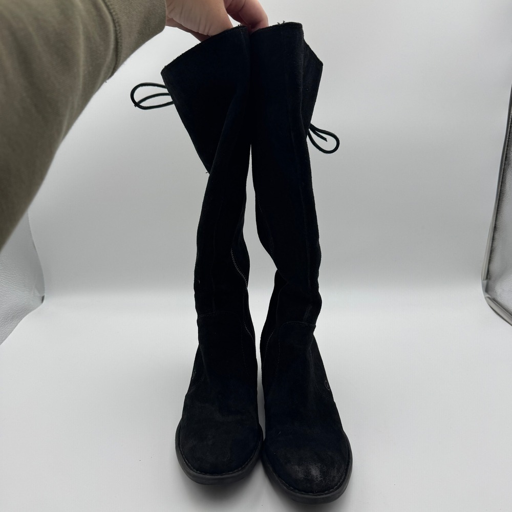 Born Felicia Womens 8.5 Black Suede Tall Wide Calf Block Heel Lace Up Boots - Picture 7 of 12